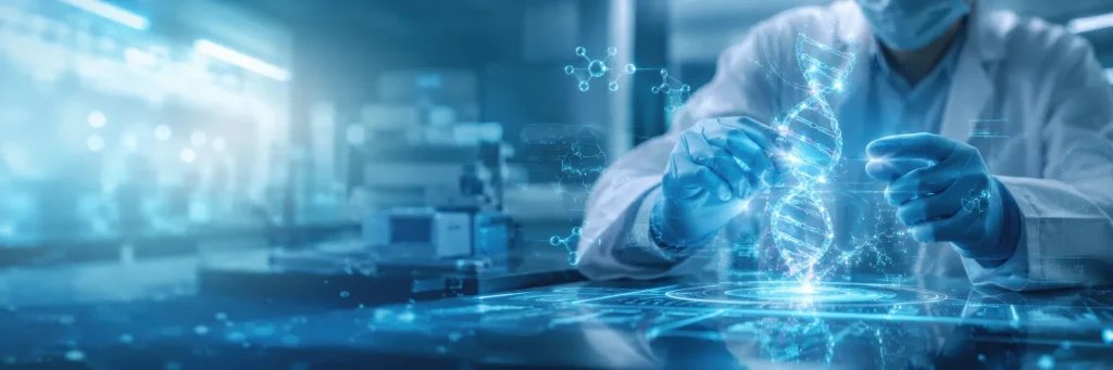 Doctor working with holographic DNA strand